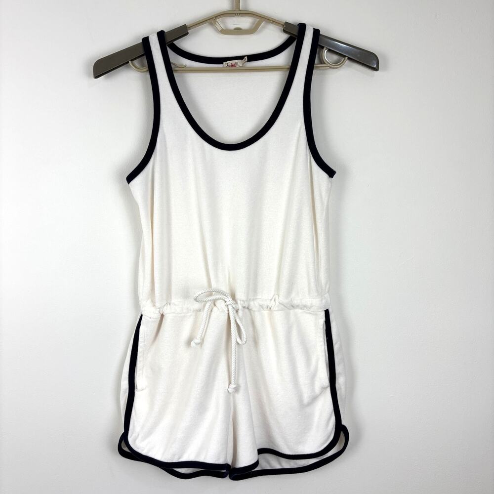 Faherty Terry Romper Coverup Medium White Blue pockets beach resort vacation